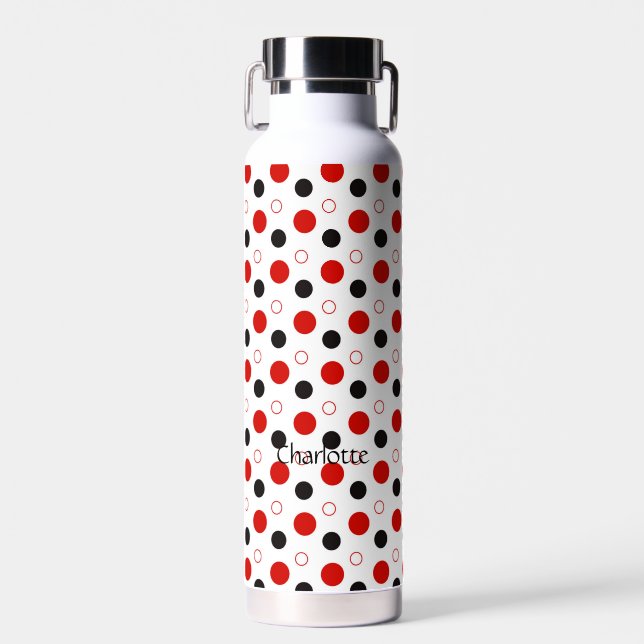 Red Polka dot Custom Name  Water Bottle (Front)