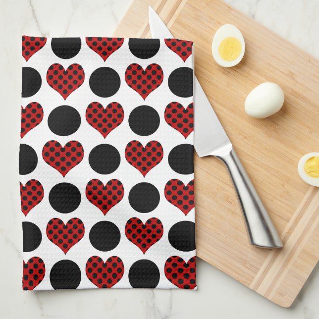 Red Polka Dot Hearts and Black Circles Pattern Kitchen Towel (Quarter Fold)
