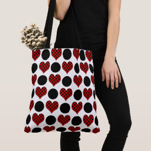 Red Polka Dot Hearts and Black Circles Pattern Tote Bag