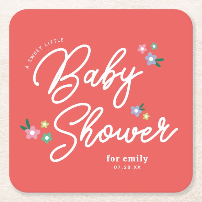 Red Polka Dot Ladybug Baby Girl Shower Square Paper Coaster (Front)