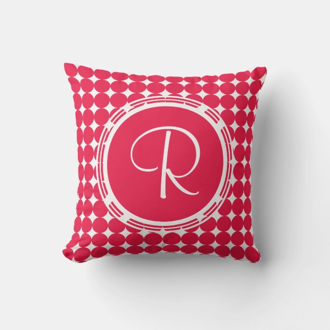 Red Polka Dot Monogram Throw Pillow (Front)