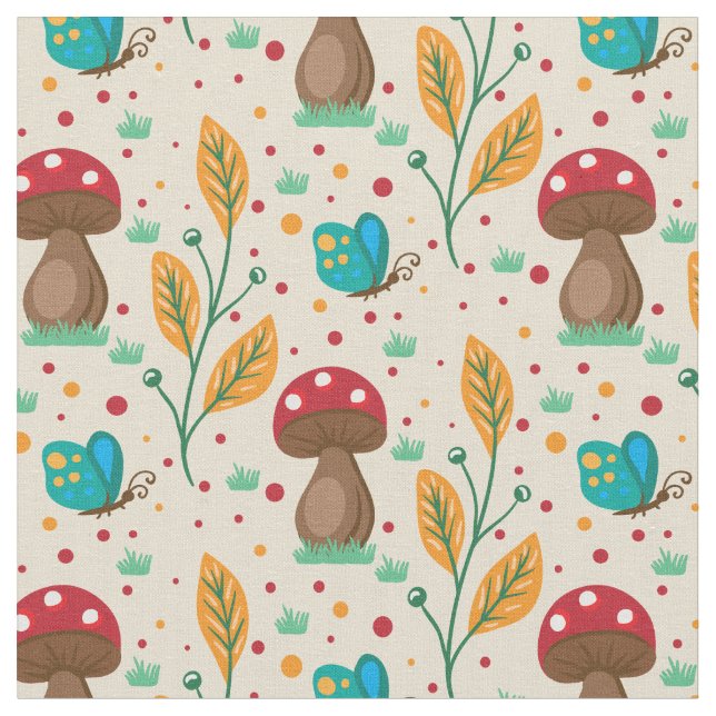 Red Polka Dot Mushrooms & Butterflies Pattern Fabric (Close Up)