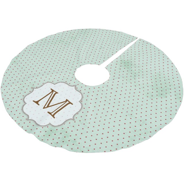 Red Polka Dot on Blue Monogram Initial Tree Skirt (Angled)
