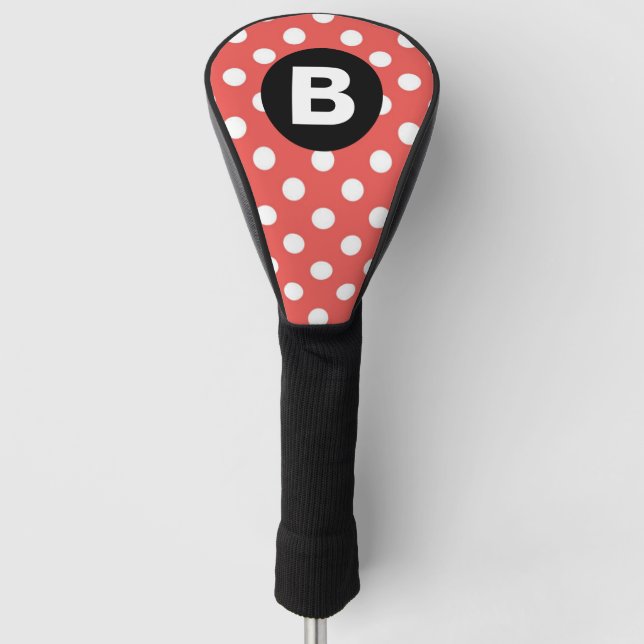 Red Polka Dot Pattern Black Monogram Golf Head Cover (Front)