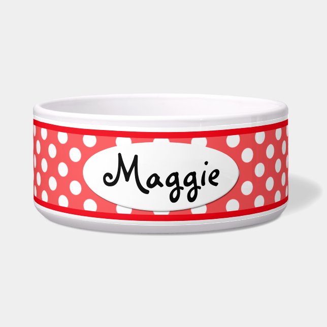 Red Polka Dot Personalized Ceramic Dog Bowl (Front)
