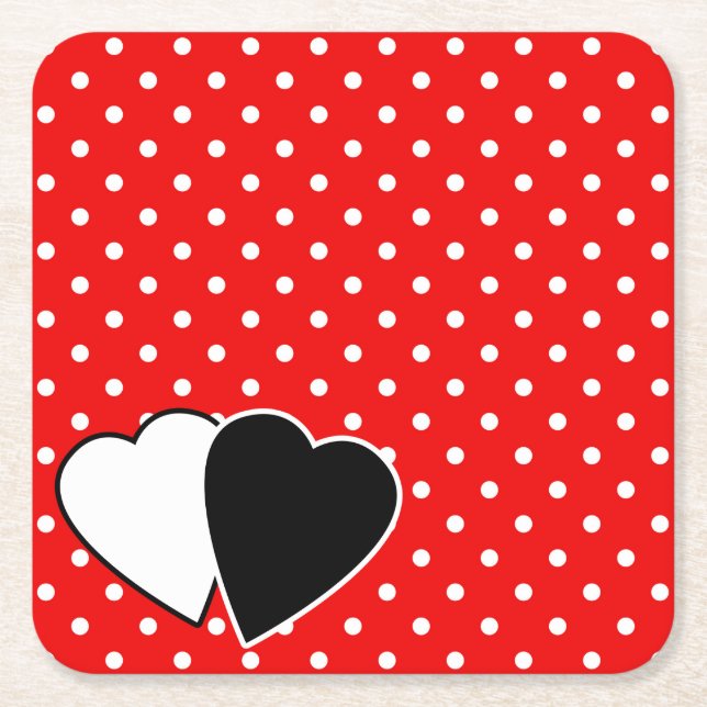 Red polka dot square paper coaster (Front)