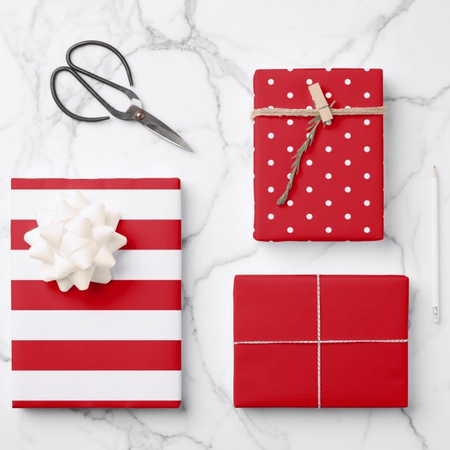 Red Polka Dot Wide Striped and Solid Wrapping Paper Sheet (Front)
