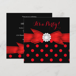 Red Polka Dots Diamond Bow Black Party Invitation