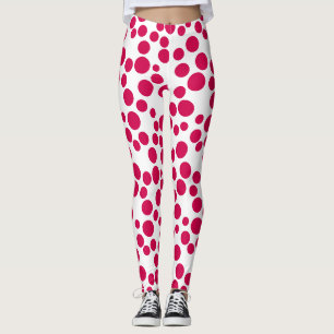 red polka dots on a white background leggings