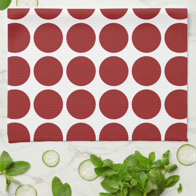 Red Polka Dots on White Kitchen Towel (Folded)