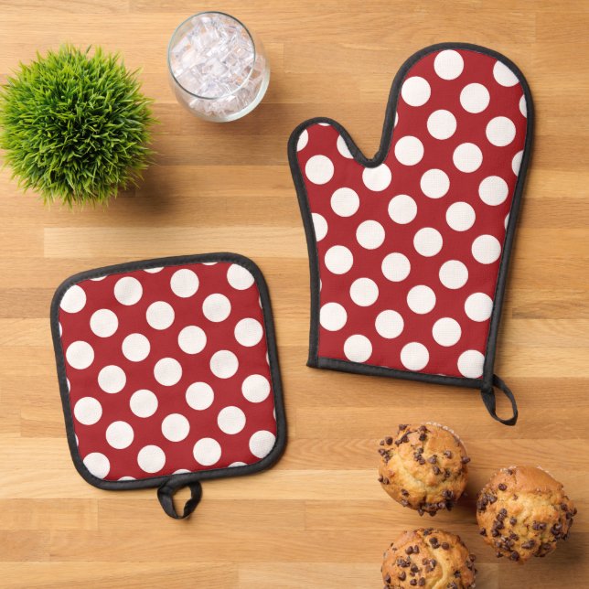 Red Polka Dots, Polka Dot Pattern, Dots, Dotted Oven Mitt & Pot Holder Set (Top Down)