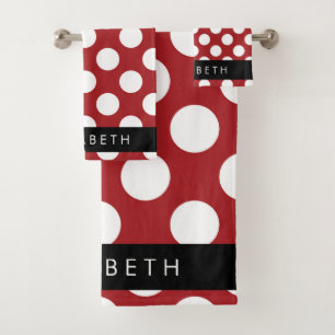 Red Polka Dots, Polka Dot Pattern, Your Name Bath Towel Set