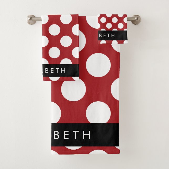 Red Polka Dots, Polka Dot Pattern, Your Name Bath Towel Set (Insitu)