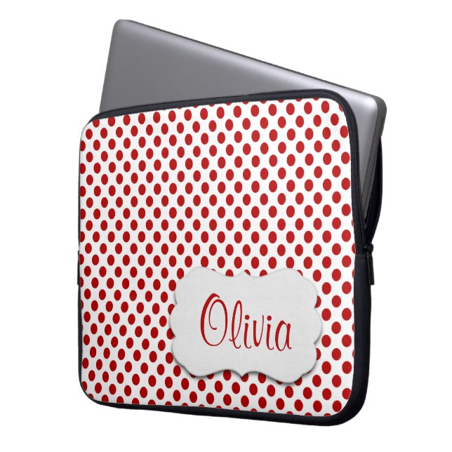 Red Polka Dots with Name  Laptop Sleeve (Front Left)