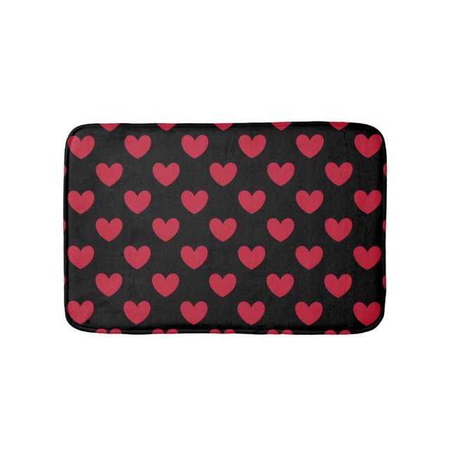 Red polka hearts on black bath mat (Front)