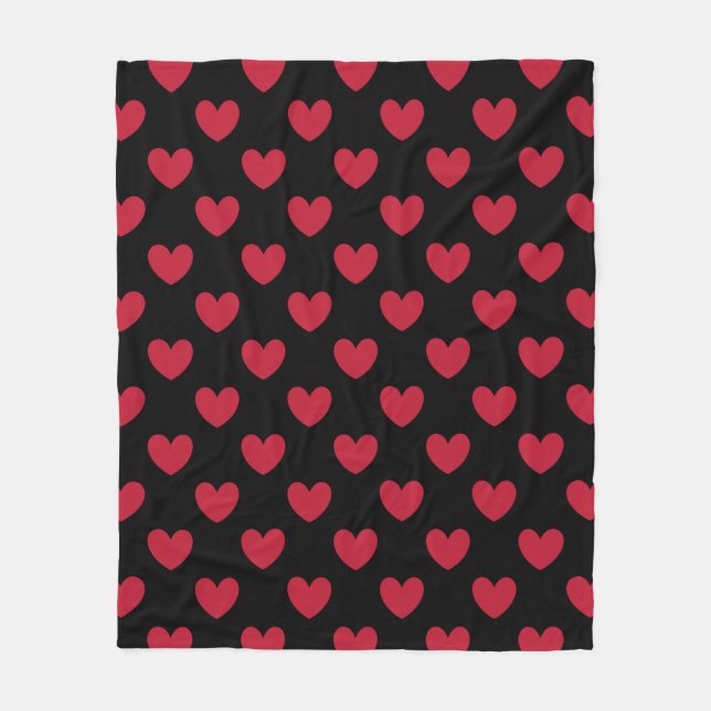 Red polka hearts on black fleece blanket (Front)