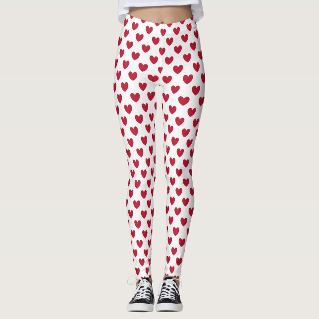 Red polka hearts on white leggings (Front)