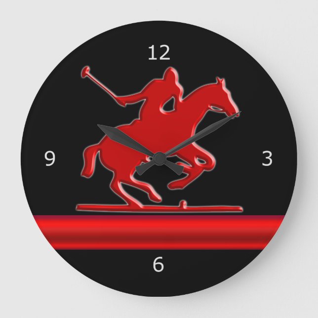 Red Polo Pony on black, red metallic-look stripe Large Clock (Front)