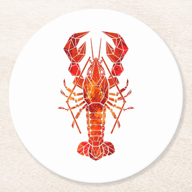 Red polygonal lobster round paper coaster (Front)