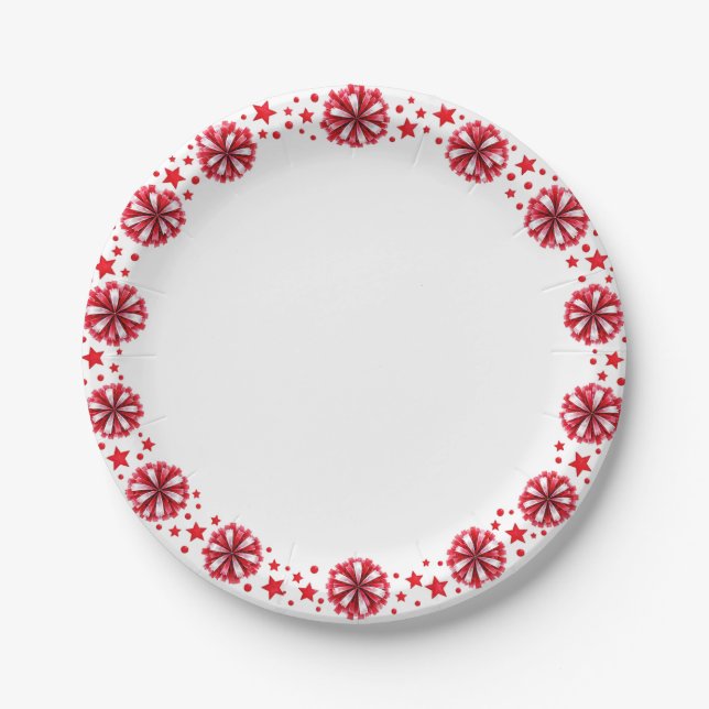 Red Pom Poms Party Paper Plate (Front)