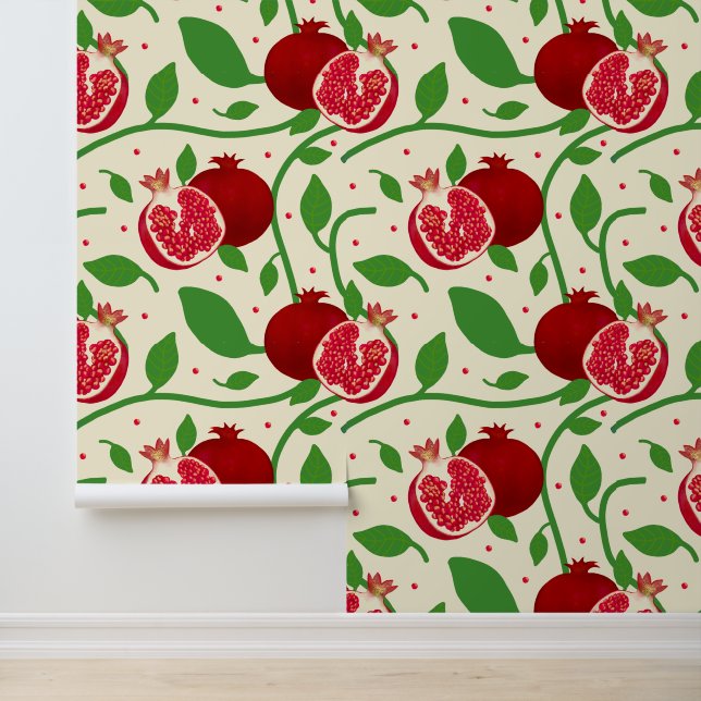 Red Pomegranate and Green Botanical on Cream Wallpaper (Application)