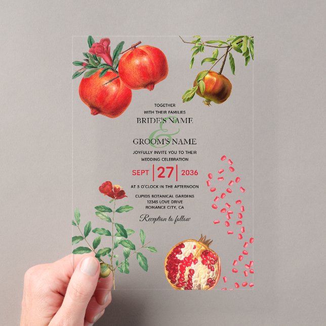 Red Pomegranate Botanical Mediterranean Wedding Acrylic Invitations (Insitu (Handheld))