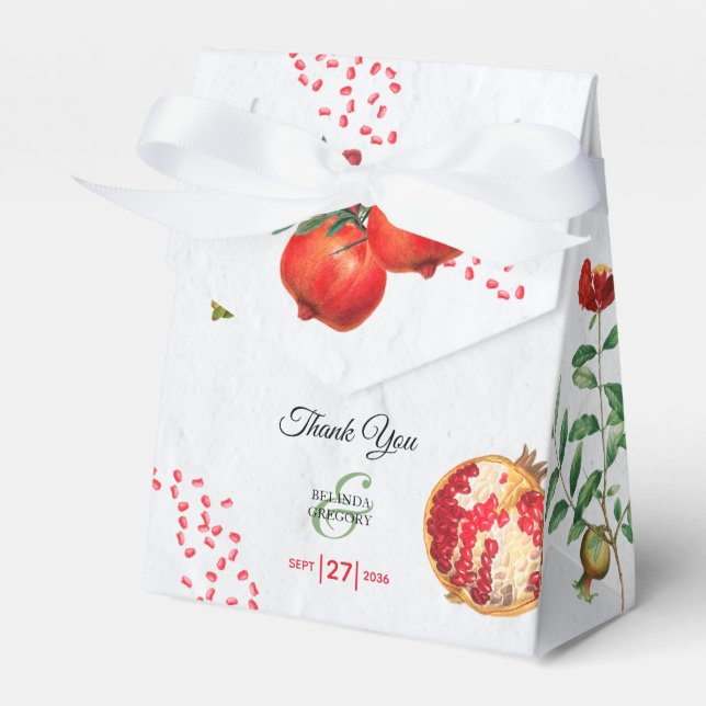 Red Pomegranate Botanical Mediterranean Wedding Favor Box (Front Side)