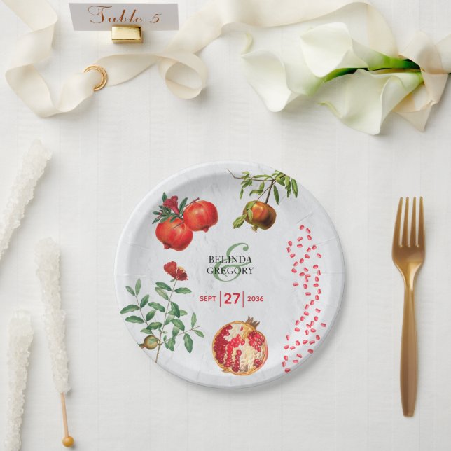 Red Pomegranate Botanical Mediterranean Wedding  Paper Plate (Wedding)