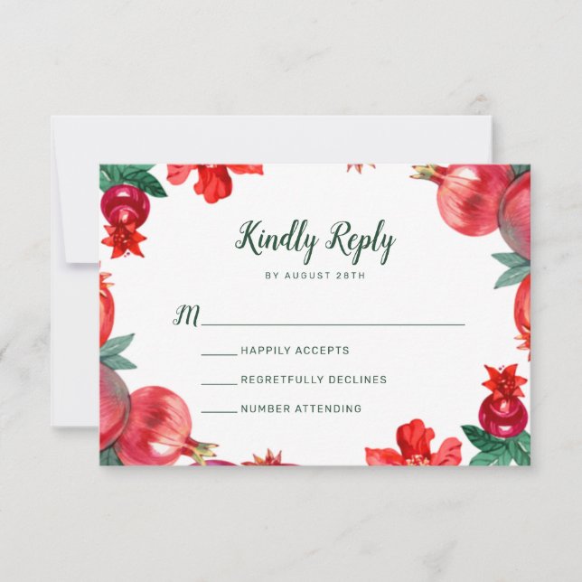 Red Pomegranate Botanical Wedding RSVP  Card (Front)