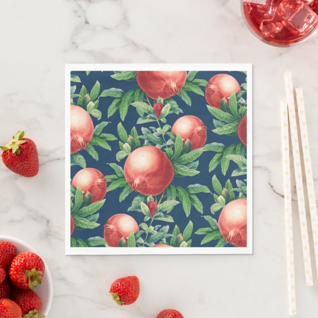 Red Pomegranate Fruits & Green Leaves Napkin (Insitu)