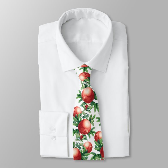 Red Pomegranate Fruits & Green Leaves Tie (Tied)