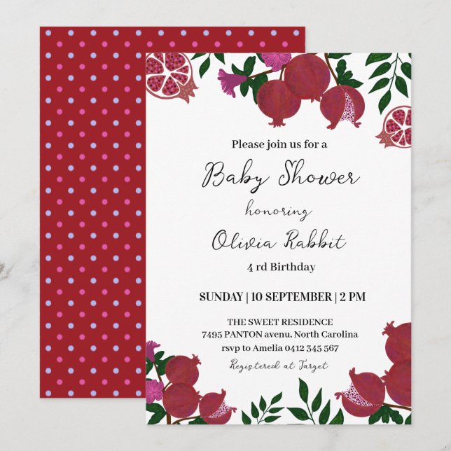  Red Pomegranate Moody fruit Baby Party Invitation (Front/Back)