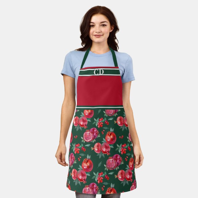 Red Pomegranate Orchard All-Over Print Monogram Apron (Worn)