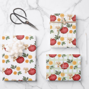 Red Pomegranates and Orange Slices Wrapping Paper Sheet