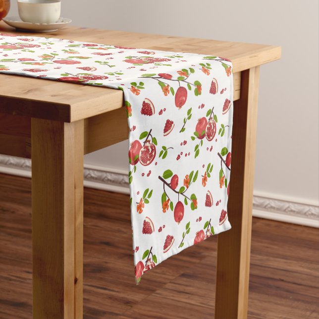 Red Pomegranates on White Rosh Hashanah  Short Table Runner (In Situ)