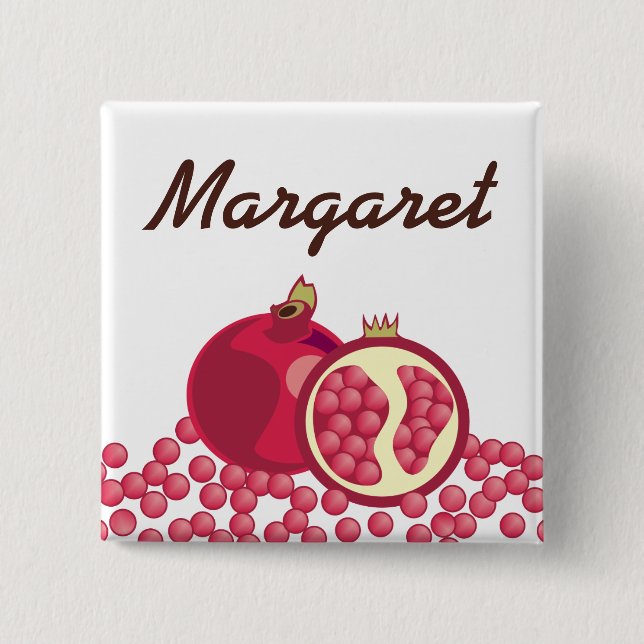 Red pomegranates seeds name badge 2 inch square button (Front)