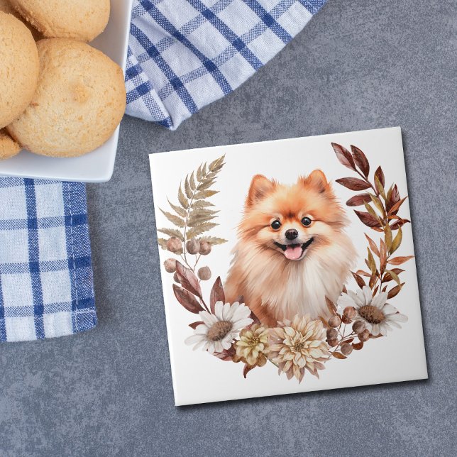 Red Pomeranian Dog Autumn Wreath Tile (Creator Uploaded)