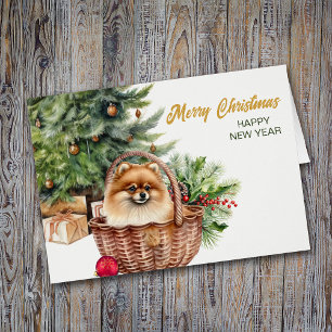 Red Pomeranian Dog Wicker Basket Christmas Card