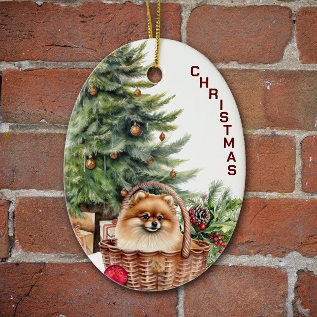 Red Pomeranian Dog Wicker Basket Christmas Ceramic Ornament (Creator Uploaded)
