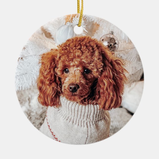 Red Poodle in a sweater under a Christmas Tree Ceramic Ornament (Front)