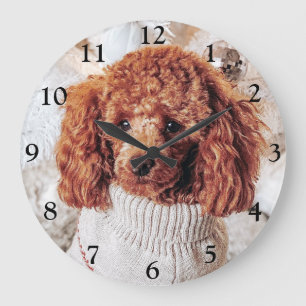 Red Poodle in a sweater under a Christmas Tree Large Clock