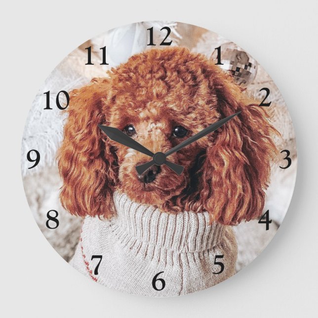 Red Poodle in a sweater under a Christmas Tree Large Clock (Front)