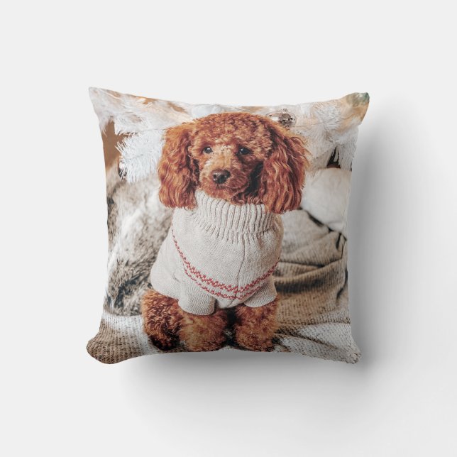 Red Poodle in a sweater under a Christmas Tree Throw Pillow (Front)
