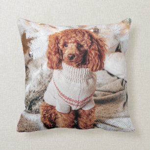 Red Poodle in a sweater under a Christmas Tree Throw Pillow