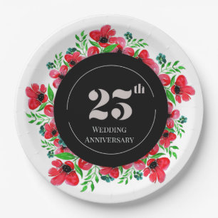 Red Poppies 25th Wedding Anniversary  Paper Plate