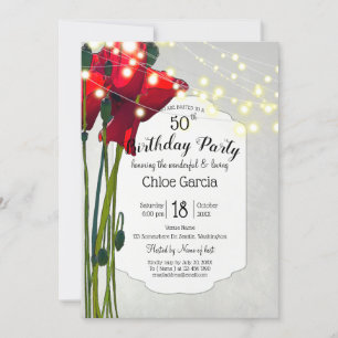 Red Poppies 50th Birthday Party   Grey Invitation