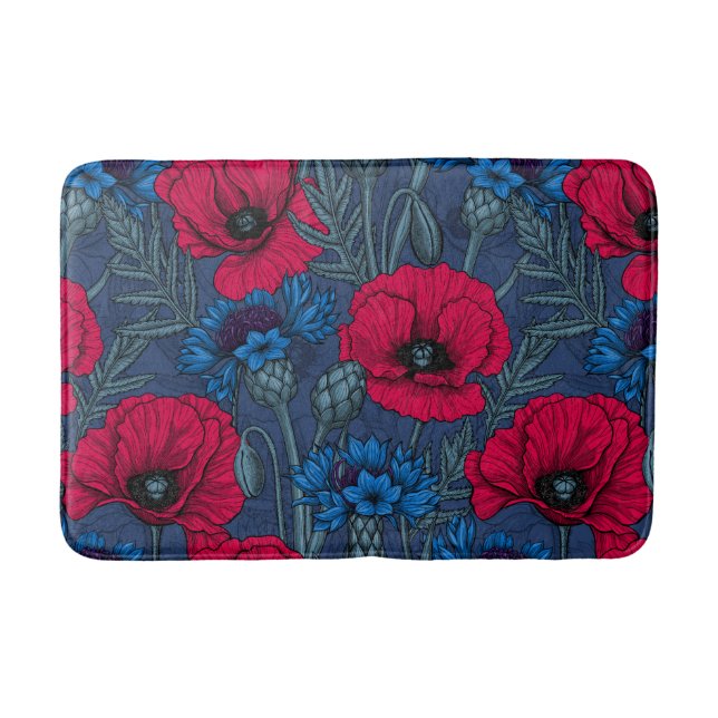 Red poppies and blue cornflowers on blue bath mat (Front)