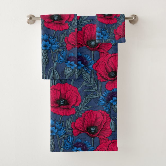 Red poppies and blue cornflowers on blue bath towel set (Insitu)