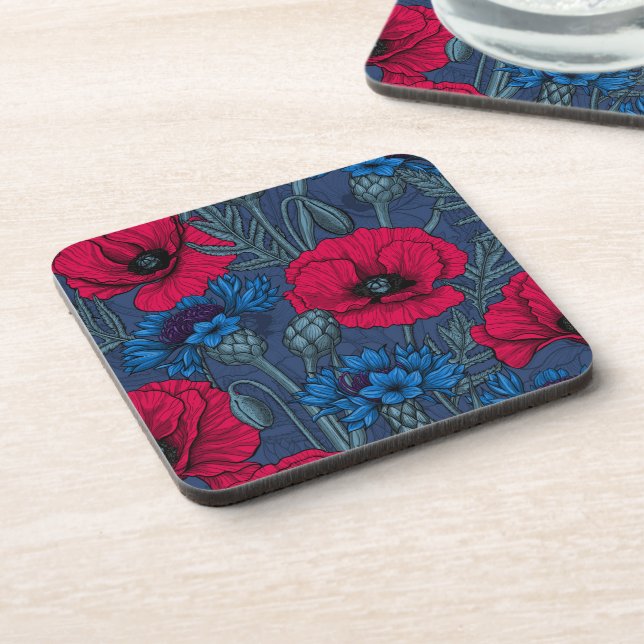 Red poppies and blue cornflowers on blue coaster (Left Side)