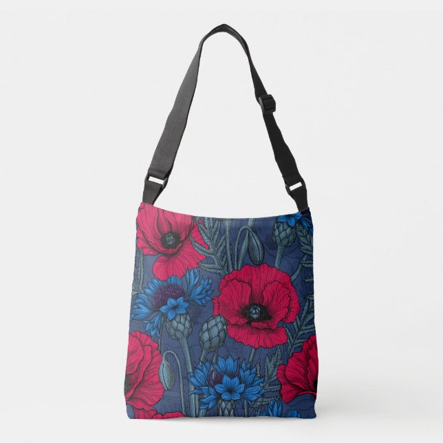 Red poppies and blue cornflowers on blue crossbody bag (Front)
